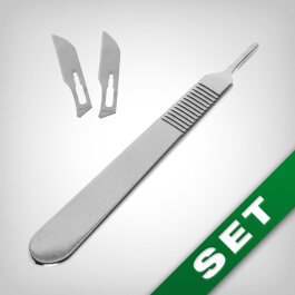 Chrome-plated scalpel handle with 2 scalpel blades